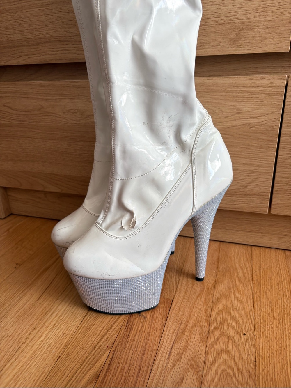 White Rhinestone Platform Stiletto Boots - Picture 3 of 6